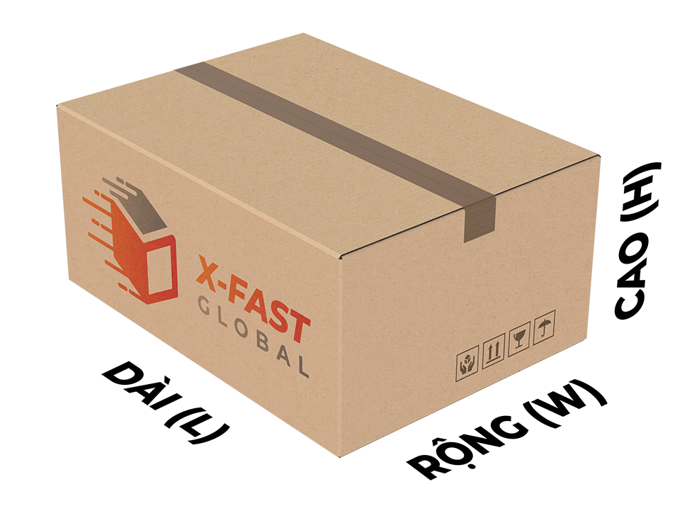 Thùng carton xFast Global với chú thích Dài (L), Rộng (W), Cao (H)